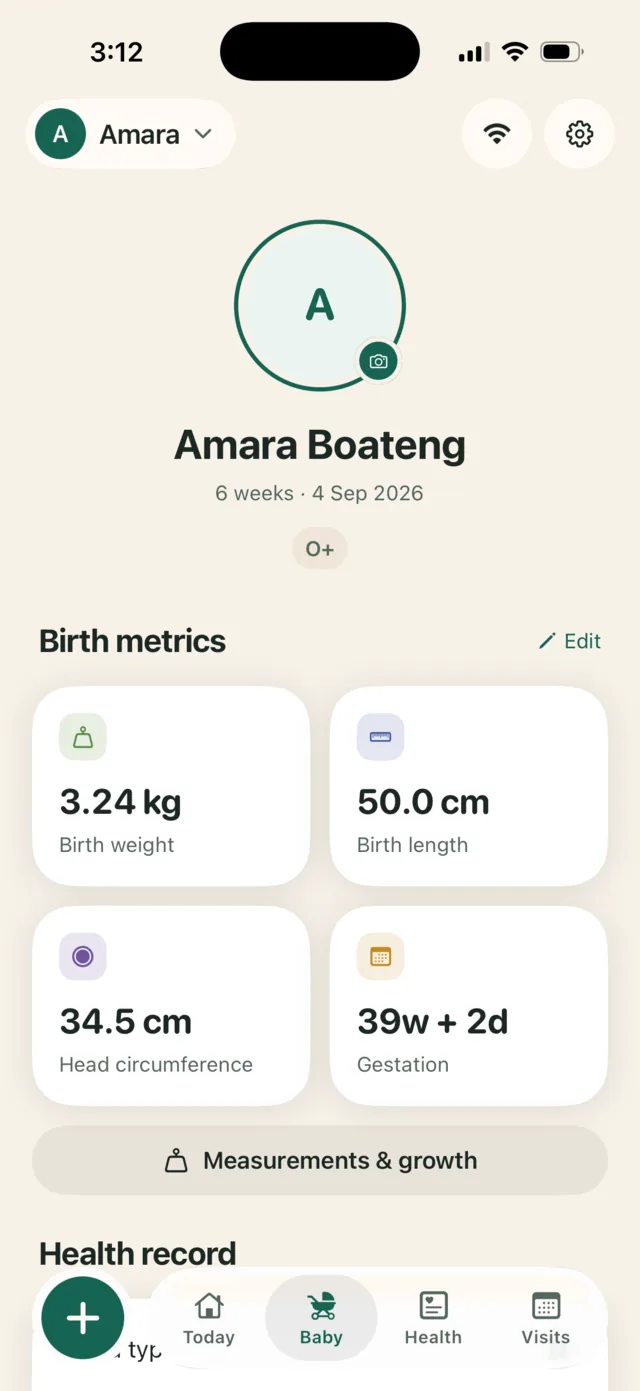 The baby's profile with birth weight, length, head circumference and gestation.