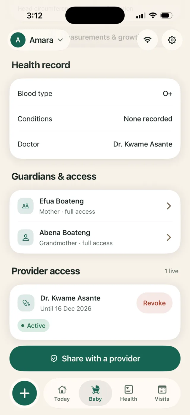 Guardians and provider access: the mother and grandmother, and a doctor whose access ends on a set date, with a Revoke button.
