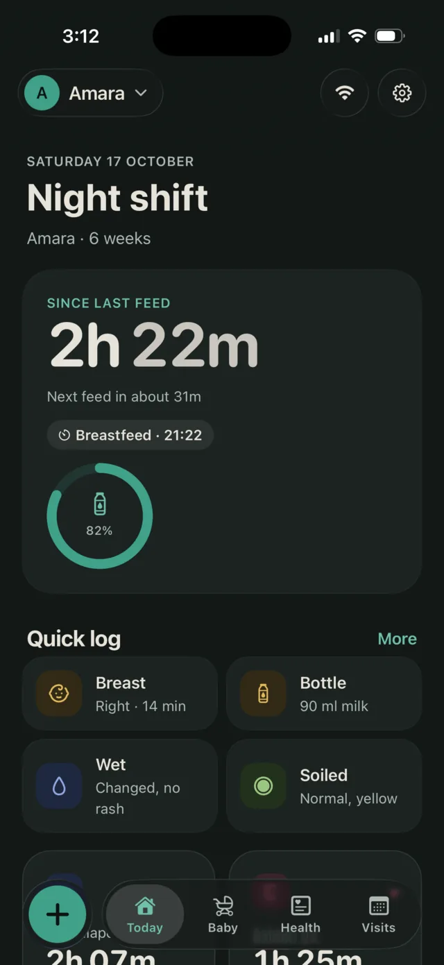 Today in night mode: time since the last feed, when the next is due, and the quick log.