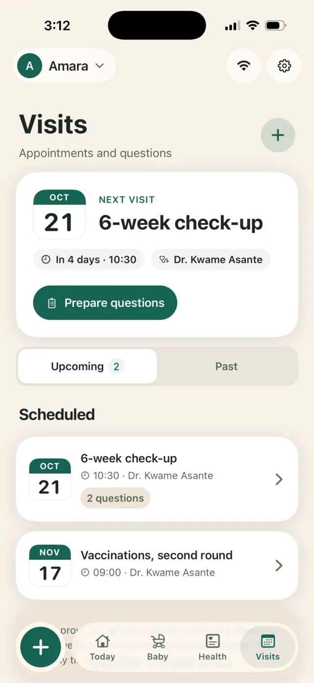 Visits: the next check-up with the doctor's name and the questions prepared for it.