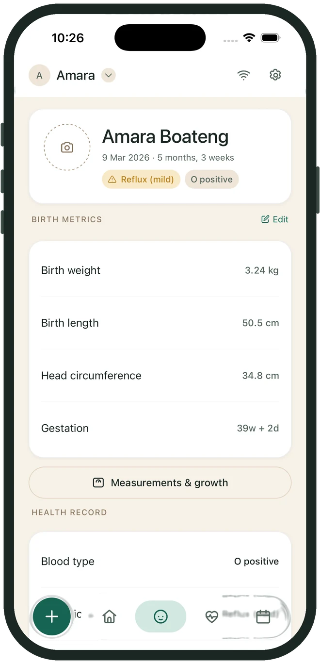 The baby profile: name, date of birth and age, a reflux tag and blood type, then birth weight, length, head circumference and gestation.