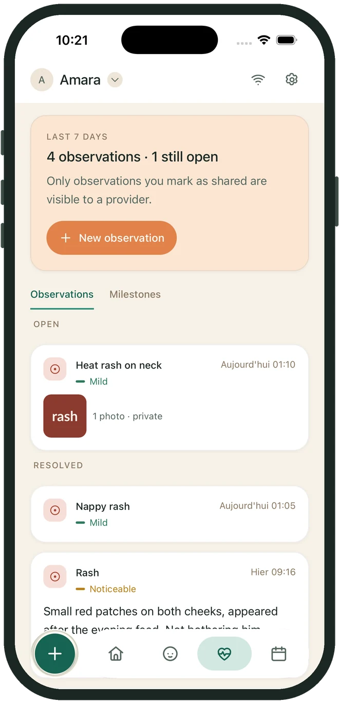 The health screen: four observations in the last seven days, one still open — a heat rash with a photo attached and a mild severity mark — with resolved entries listed below.
