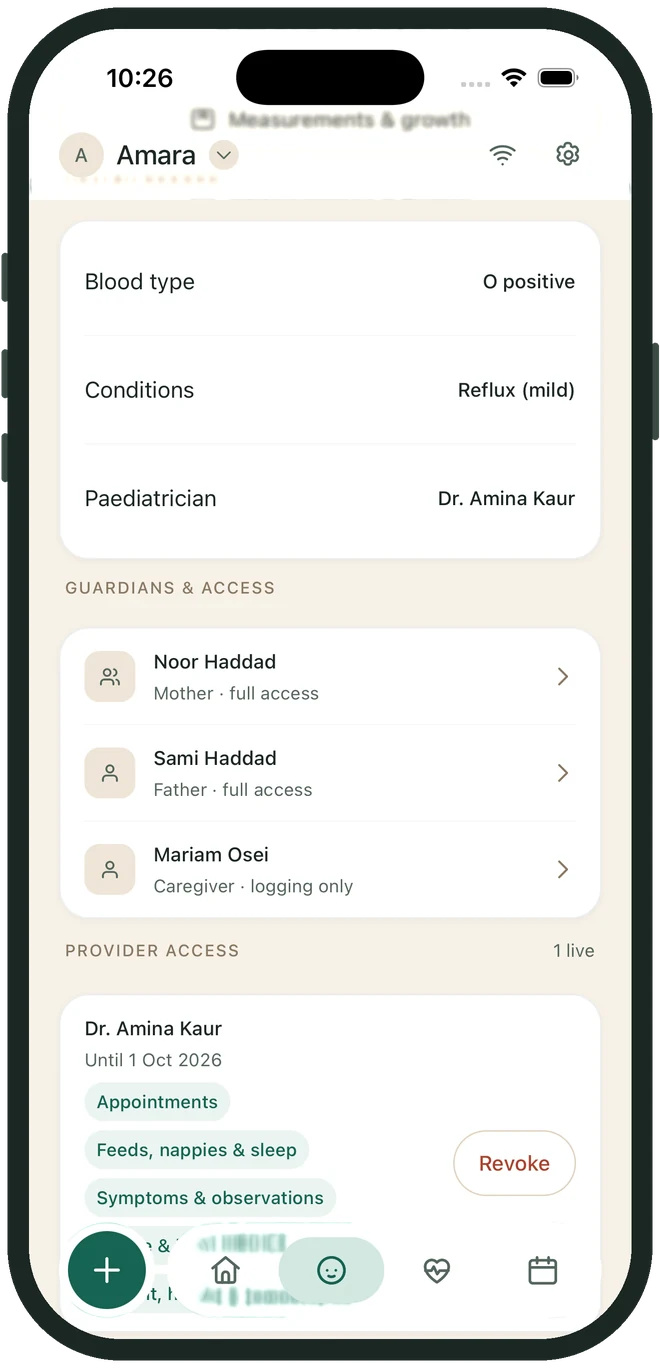 The guardians and access screen: three guardians with full or logging-only access, then a live provider grant for Dr. Amina Kaur listing the five shared sections with a revoke button and a link to who has looked at this record.