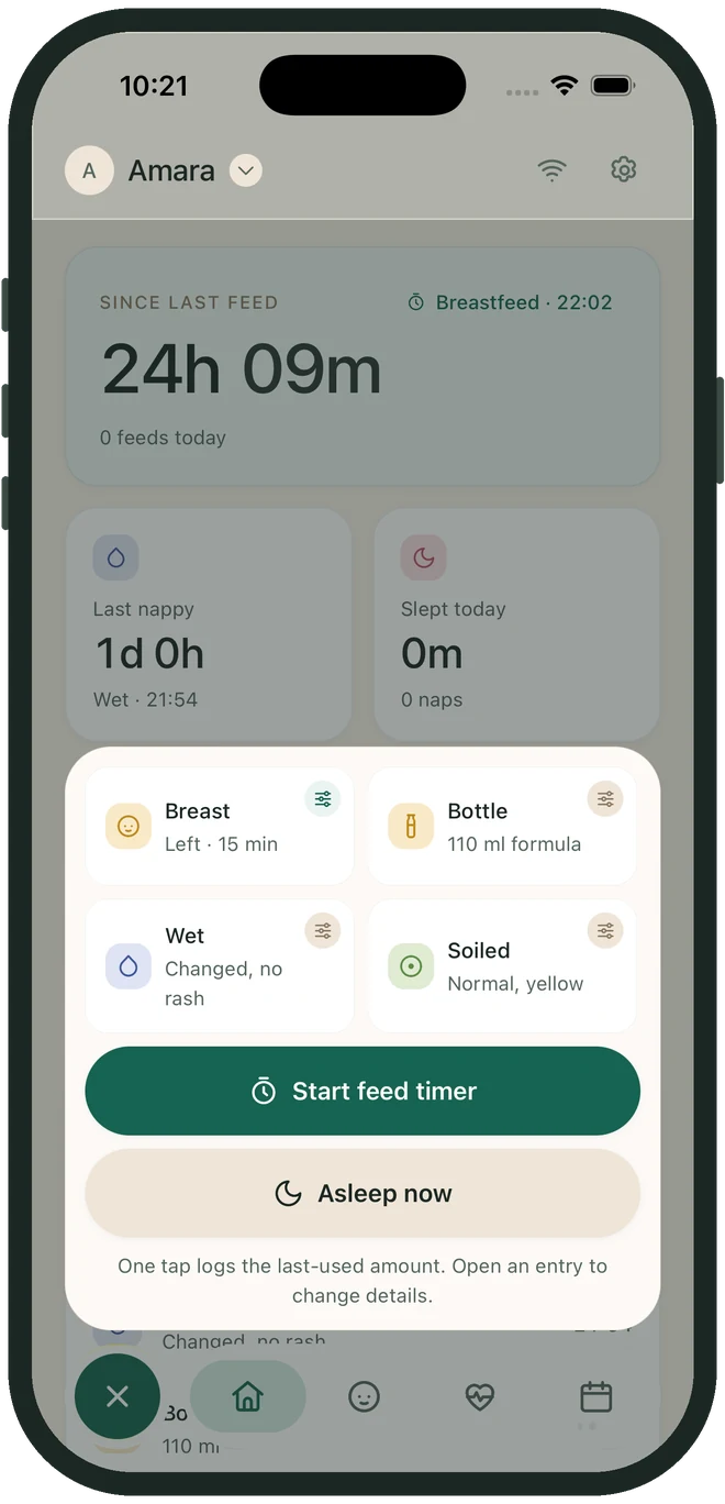 The quick-log dock: four large targets — breast, bottle, wet and soiled — each pre-filled with the last amount used, above a start-feed-timer button and an asleep-now button.